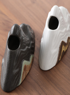 日式手绘远山花器粗陶复古迷你小花插花瓶桌面陶艺摆件茶道零配