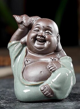 哥窑茶宠弥勒佛茶台装饰摆件
