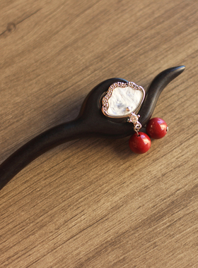 发簪【月华】正宗黑檀木簪子双面朱砂盘发簪子百搭手工发簪饰品