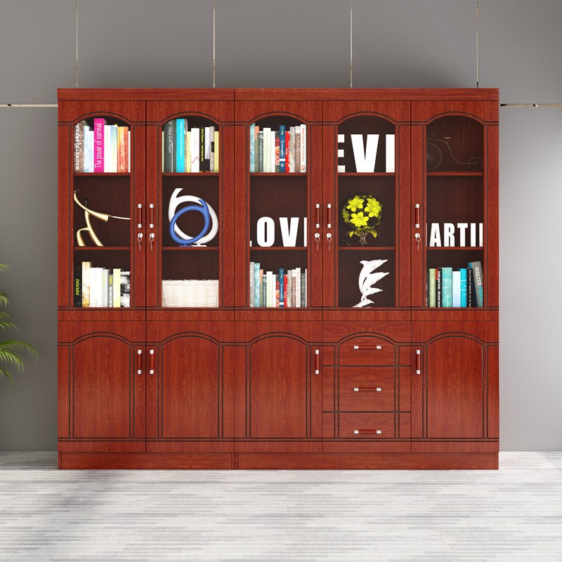 办公室文件柜书柜带玻璃门储物资料柜带锁木质落地档案实木柜子 - 图1