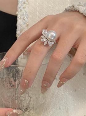 s925纯银正圆施家珍珠满钻花丛戒指女优雅轻奢风百搭小众指环