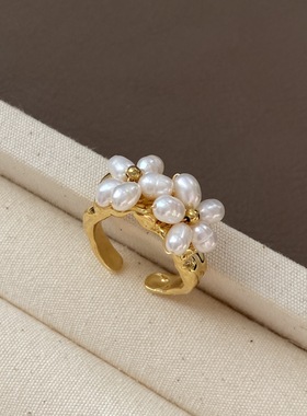 法式复古天然珍珠手作串珠花朵戒指小众气质洛可可风耳饰戒指套装