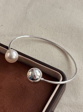 韩国小众轻奢手饰ins感冷淡风开口手镯珍珠配饰圆珠金属饰品