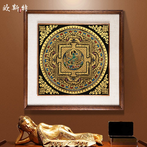 欧斯特 黑金坛城唐卡挂画 西藏手绘绿度母四臂观音客厅玄关装饰画 - 图3