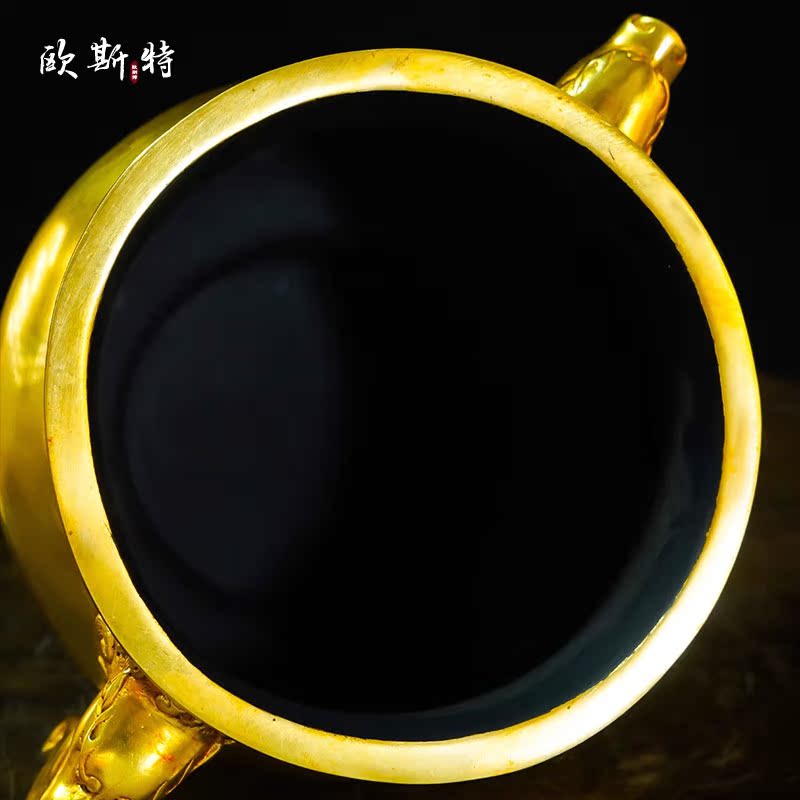 欧斯特精工铜雕龙首耳炉办公室茶室盘香熏香炉全鎏金桌面卧香炉