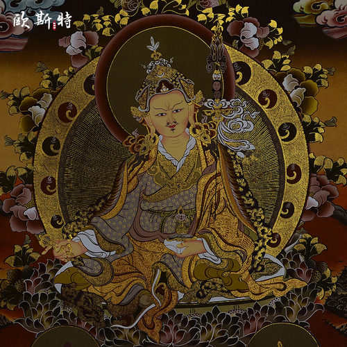 西藏镀金烫金唐卡 莲花生大士唐卡 莲师三尊 黑卡挂画 莲花生大师 - 图2