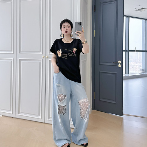 短袖t恤大码女装春季新款200斤胖mm设计感小众减龄显瘦遮肚子上衣 - 图2