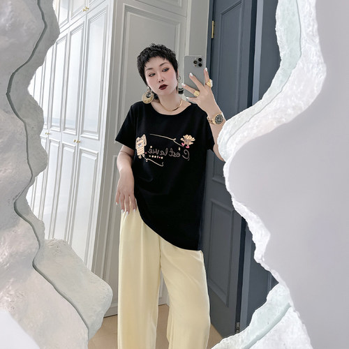 短袖t恤大码女装春季新款200斤胖mm设计感小众减龄显瘦遮肚子上衣 - 图0