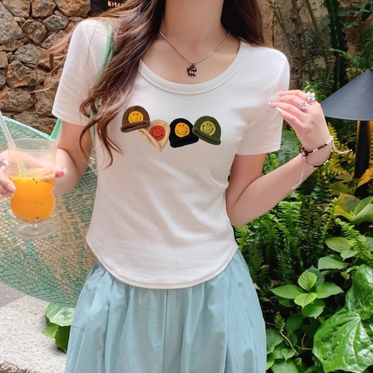 设计感印花u领短袖t恤女装夏季高级小众不撞款弧形下摆上衣遮肚子 - 图2