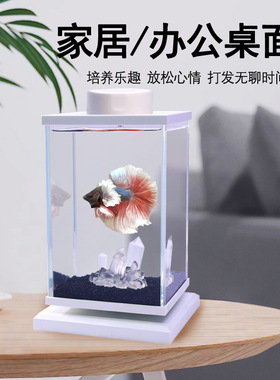 旋转斗鱼缸桌面小型摆件超白玻璃创意装饰鱼缸泰斗缸造景套餐