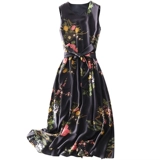 Черная шелковая длинная юбка без рукавов, летнее платье, европейский стиль, V-образный вырез, высокая талия, А-силуэт