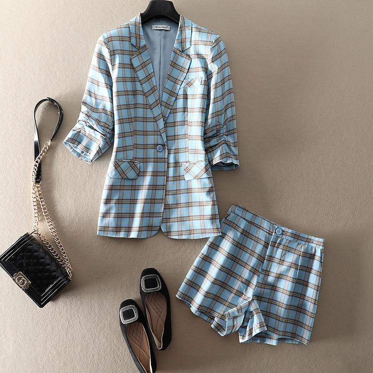 帅性炸街！25轻薄真丝桑蚕丝格纹小西装短裤套装干练7分袖外套女,淘宝优惠券,粉丝福利购,淘宝优惠卷