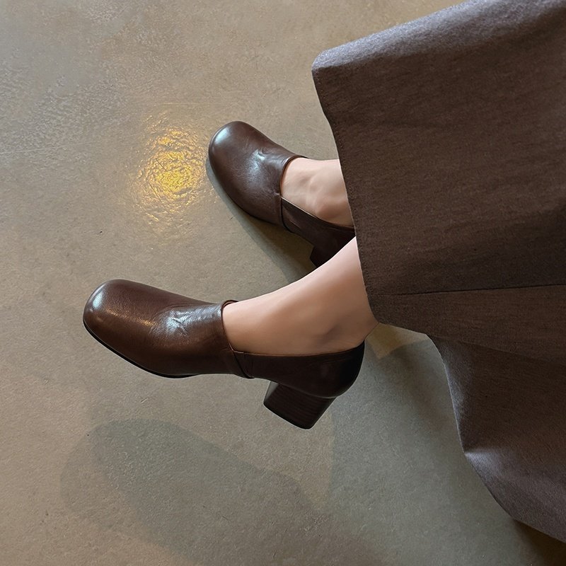 5cm圆头时尚粗跟深口单鞋通勤简约中跟一脚蹬百搭小皮鞋高跟女鞋,淘宝优惠券,粉丝福利购,淘宝优惠卷