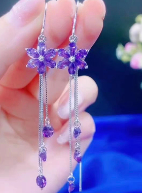 纯银耳环女2025新潮款时尚水晶花朵流苏耳线超仙气质紫色防丢耳饰