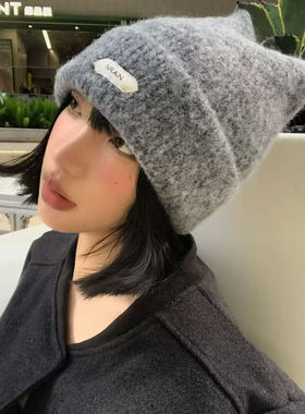 黄色可爱猫耳针织帽女秋冬韩系百搭显脸小冷帽保暖防寒护耳包头帽