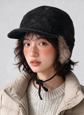 复古灯芯绒飞行员帽子男女冬季加厚保暖防寒护耳帽户外骑行雷锋帽