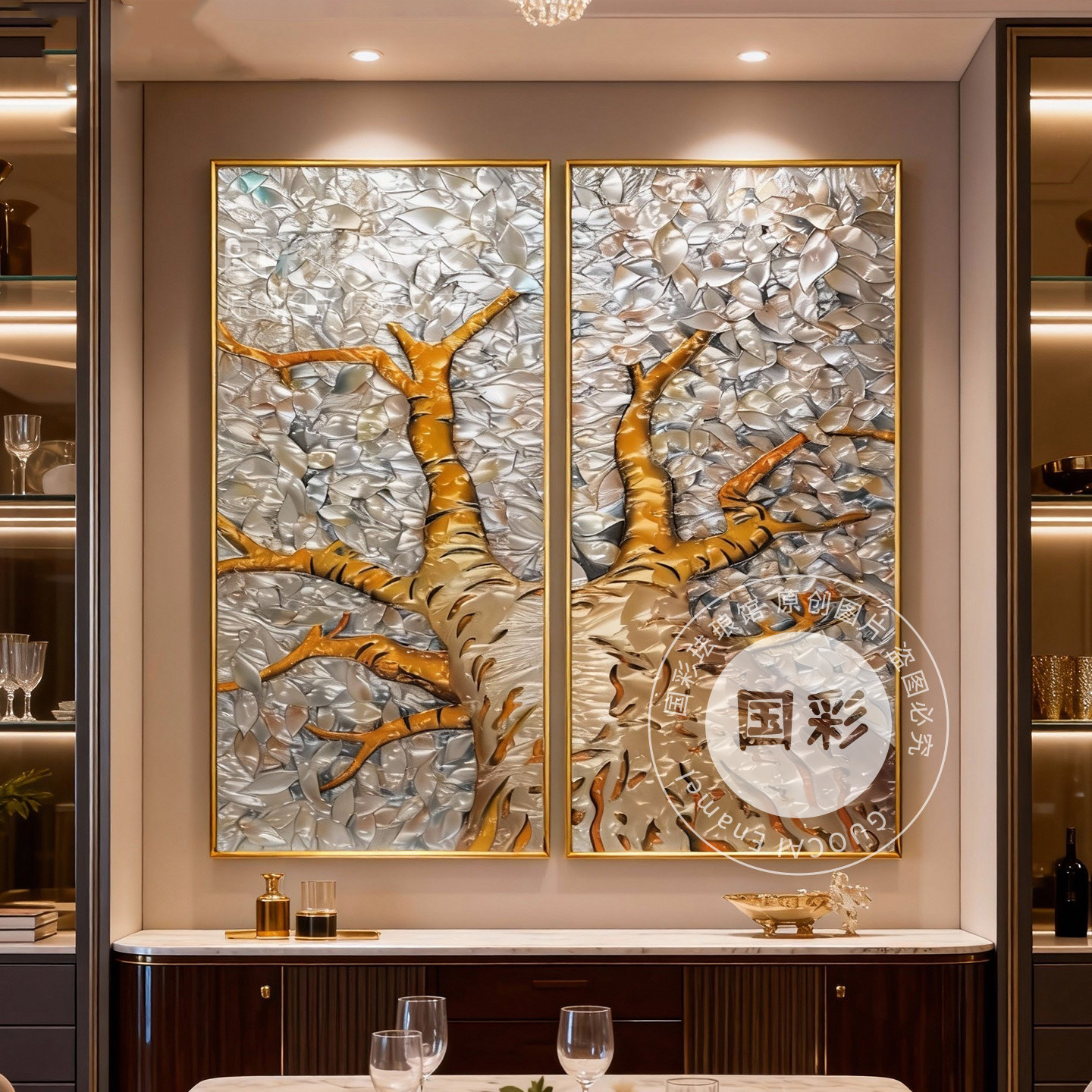 纯手绘珐琅彩装饰画树客厅玄关卧室书房挂画二联复古艺术画,淘宝优惠券,粉丝福利购,淘宝优惠卷