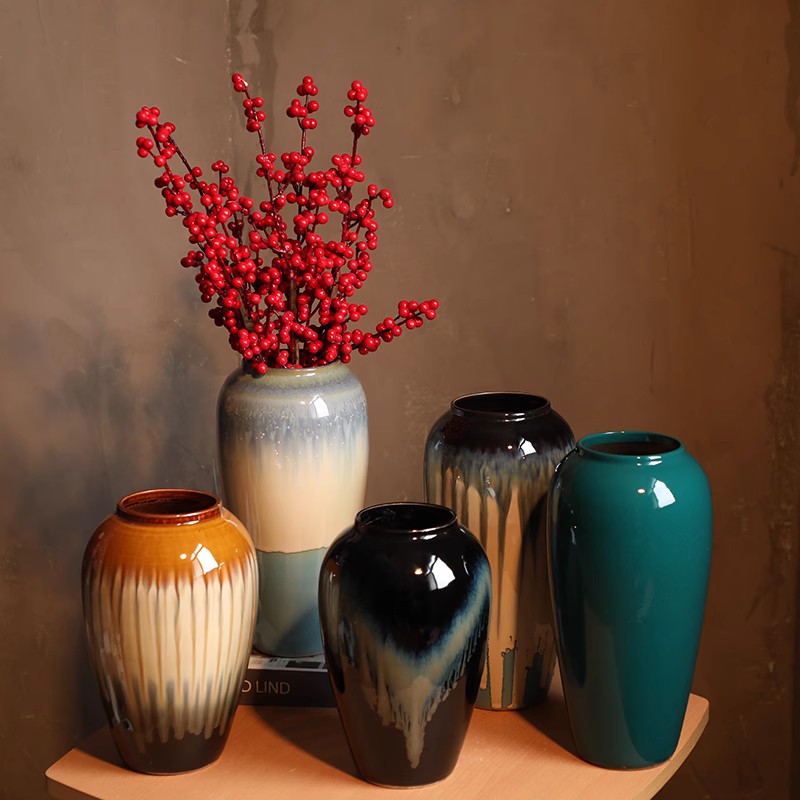景德镇陶瓷花瓶摆件客厅插花红色新中式装饰品花器复古粗陶罐花盆