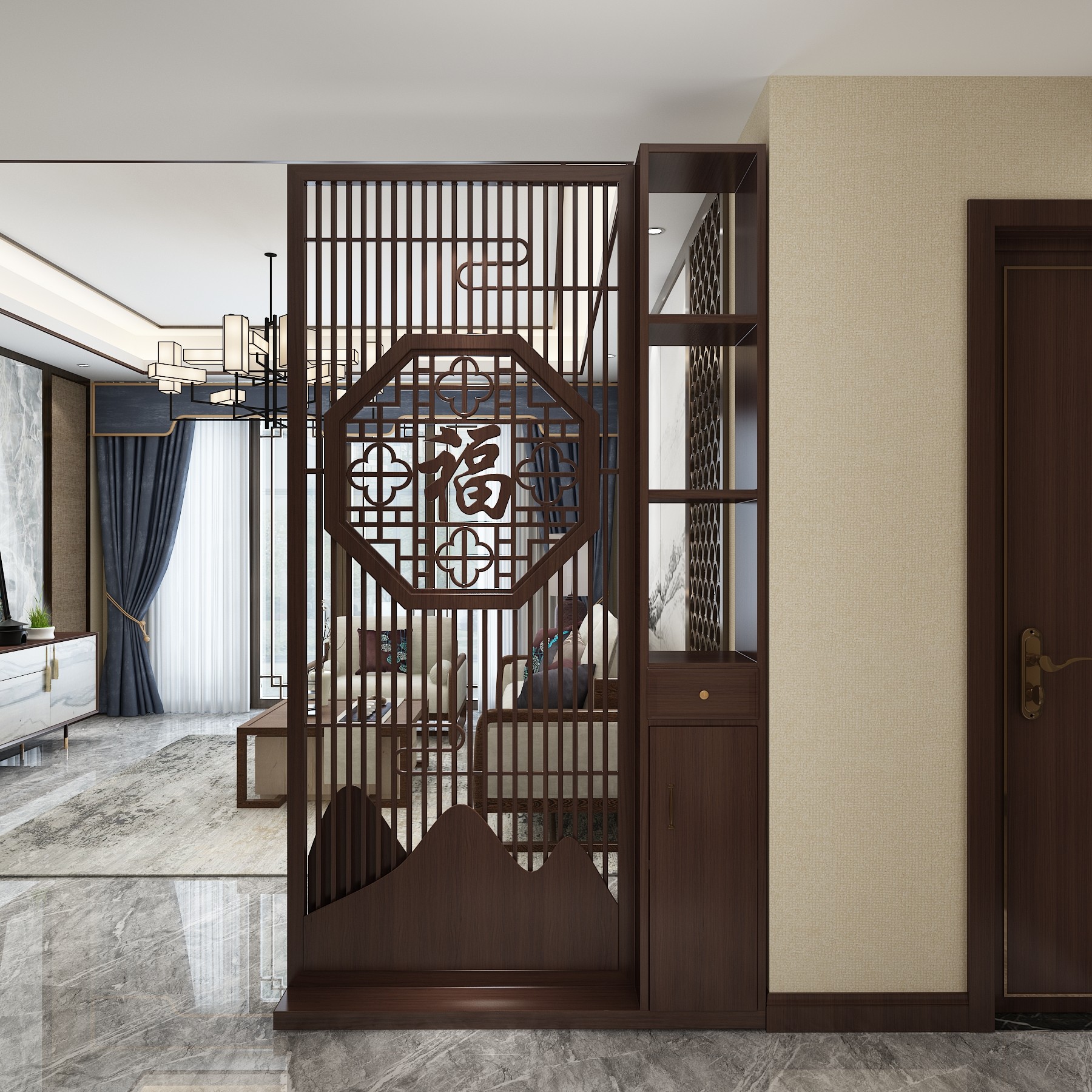 实木屏风新中式玄关假山客厅入户沙发遮挡现代简约置物架隔断福字,淘宝优惠券,粉丝福利购,淘宝优惠卷