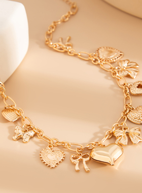 欧美跨境时尚爱心蝴蝶结吊坠项链