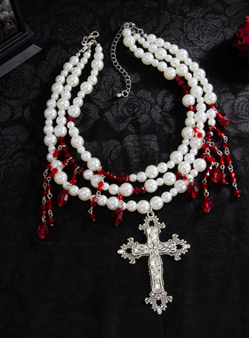 红色水晶珍珠花朵图案十字架项链