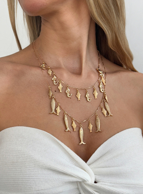 新款欧美性感金色多层鱼形锁骨链