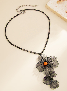 环保银杏叶花朵黑色天然石项链