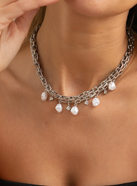 欧美风仿珍珠银色合金锁骨链女