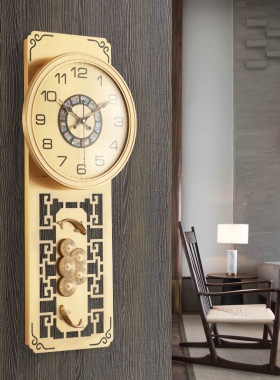 新中式钟表黄铜挂钟客厅实木时钟挂墙轻奢时尚家用静音装饰石英钟