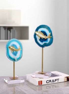 轻奢蓝色水晶玛瑙片锦鲤摆件客厅玄关电视柜高级感软装饰品摆件