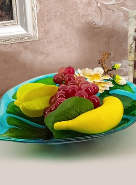 轻奢玻璃水果盘珐琅彩果盘龟背叶水晶玻璃盘客厅茶几高级托盘摆件