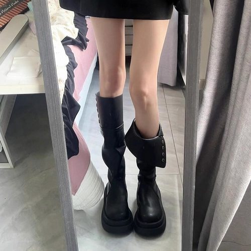 两穿长筒靴女复古黑色2025秋冬季新款厚底显瘦堆堆靴不过膝骑士靴 - 图0
