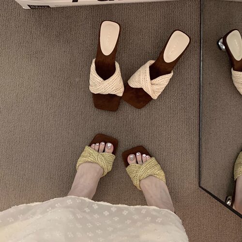 小众复古方头编织法式高跟拖鞋仙女鞋度假夏季新款配裙子凉拖凉鞋 - 图1