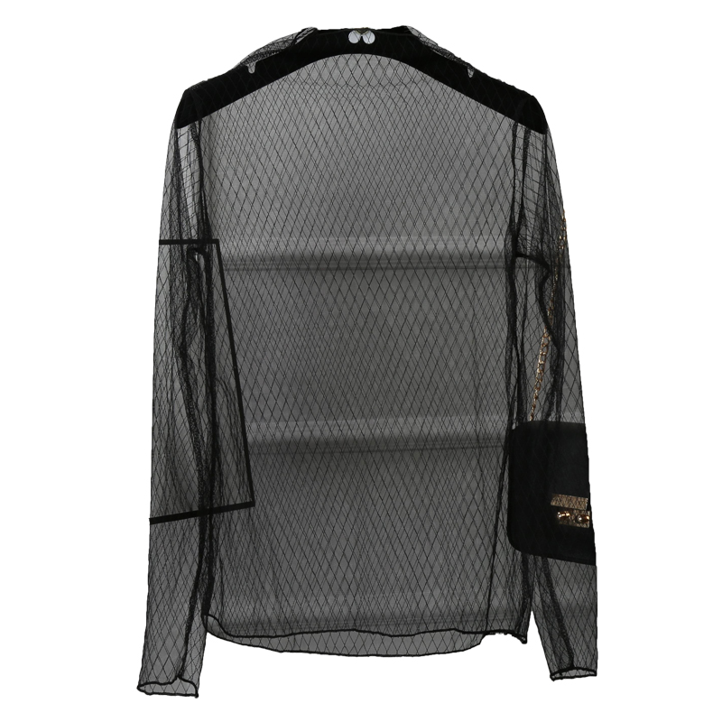 金曼丽莎时装大码黑色蕾丝打底衫女长袖打底网纱内搭上衣渔网镂空性感透明纱衣3