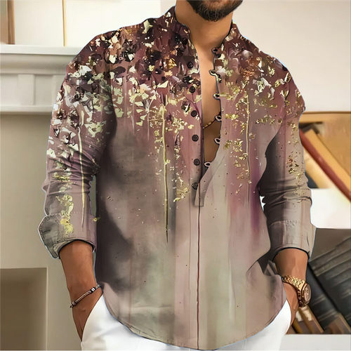 Stand up collar long sleeved printed top立领系扣长袖印花上衣 - 图0