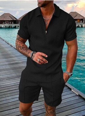 Men's lapel T-shirt polo shirt printed suit男翻领T恤印花套装