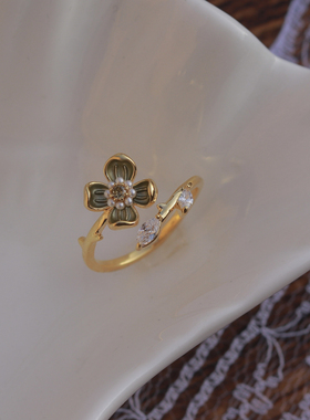 《春花语》复古绿色花朵珍珠开口圈戒指金色可调节指环不掉色