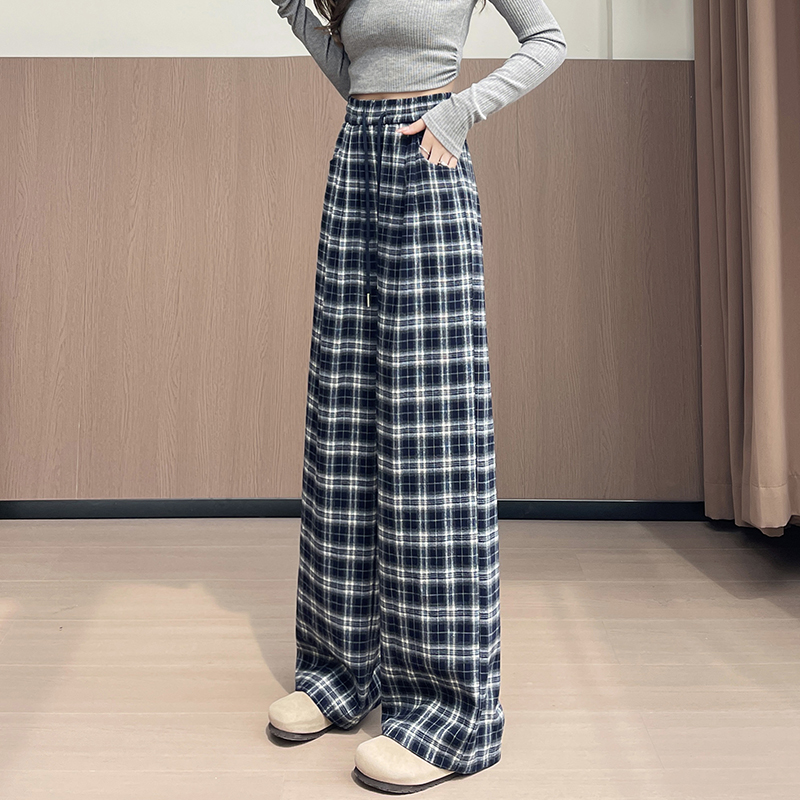150小个子美式格子阔腿裤2025秋冬加绒慵懒直筒裤垂感休闲拖地裤 - 图3