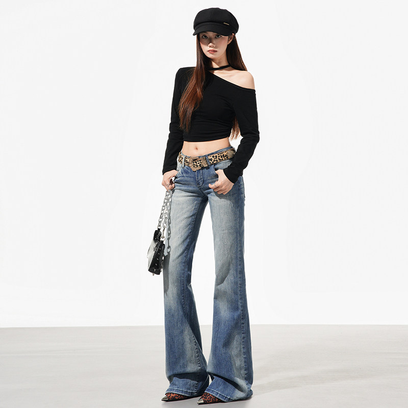 美式复古低腰微喇牛仔裤女春季水洗修身显瘦弹力休闲喇叭拖地长裤,淘宝优惠券,粉丝福利购,淘宝优惠卷