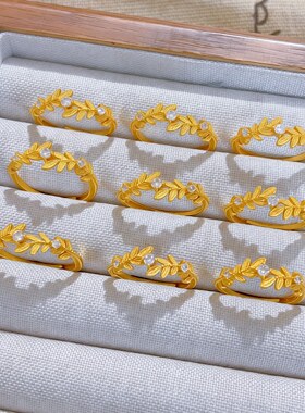 复古拉丝枝叶繁花锆石戒指 女新中式金色百搭指环小众高级感食指