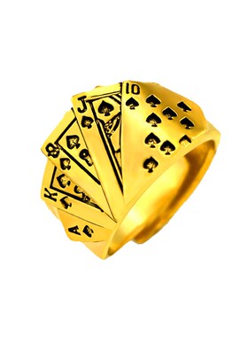 热卖赌神同花顺扑克牌黄铜镀金男士款戒指复古戒指开口个性指环