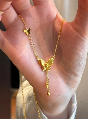 黄金色爆闪蝴蝶流苏项链女轻奢珠