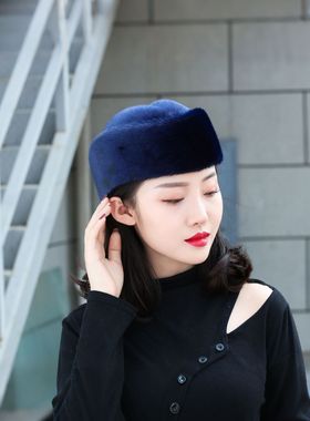 新款海豹皮帽子女海豹空姐帽秋冬季新款礼貌时尚百搭勾船帽貂皮帽
