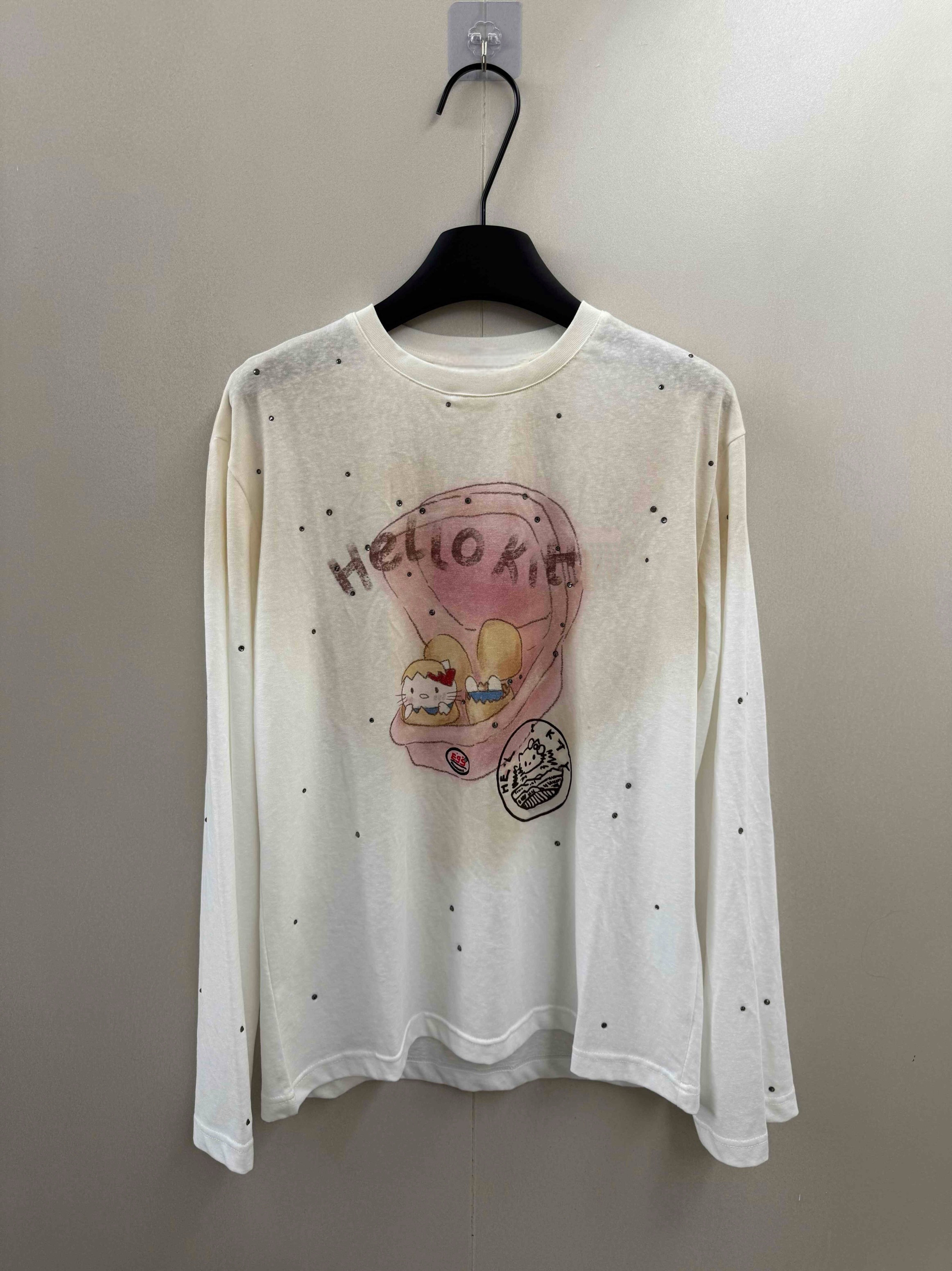 趣味可爱 鸡蛋壳猫咪印花烫钻脏脏T恤女秋季宽松上衣洋气打底衫