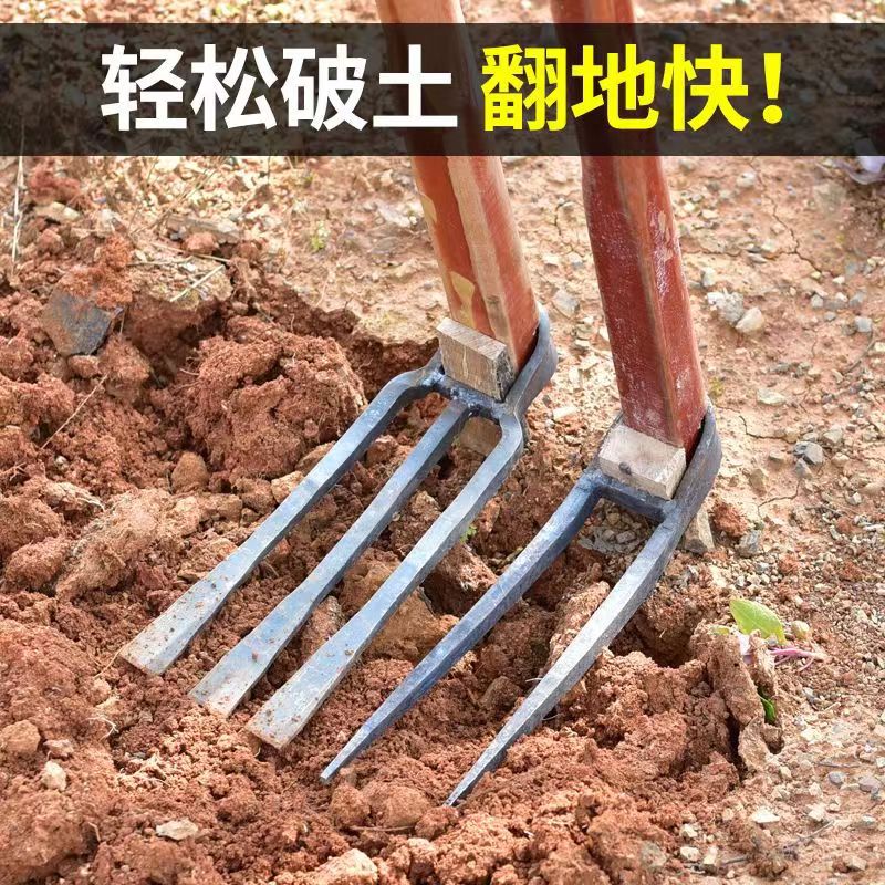 农用全钢长把二齿锄头两用挖土开荒种菜开垦种地农具三齿农用耙子 - 图0