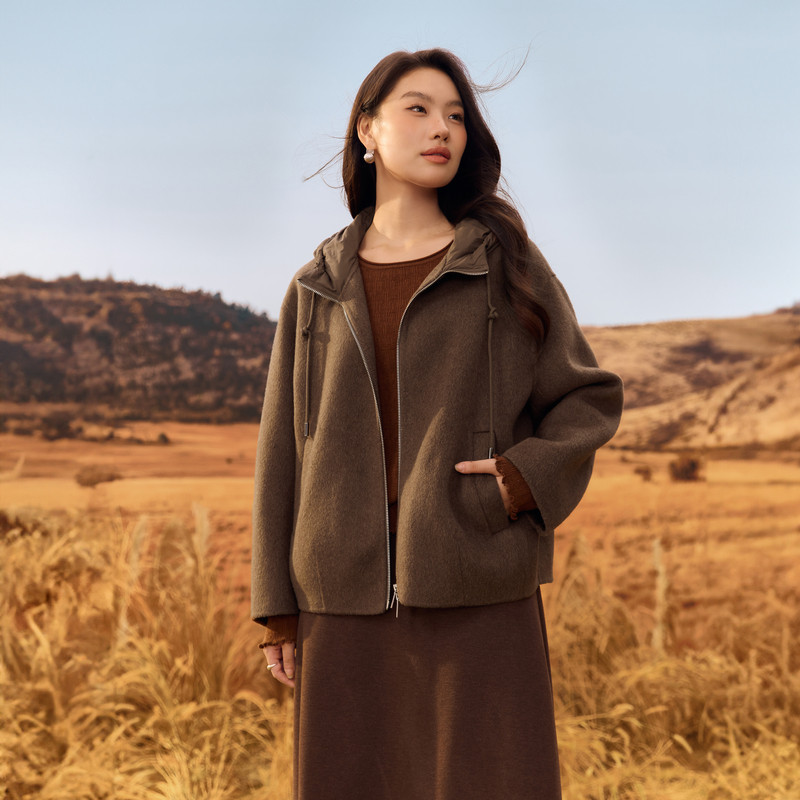 【流心巴斯】连帽拼接双面毛呢外套纤莉秀大码女装胖mm2025冬新款,淘宝优惠券,粉丝福利购,淘宝优惠卷