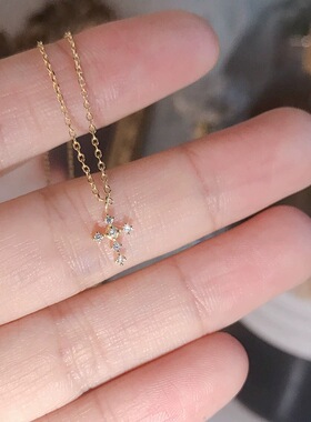 纯银镀14k金十字架女项链锁骨链