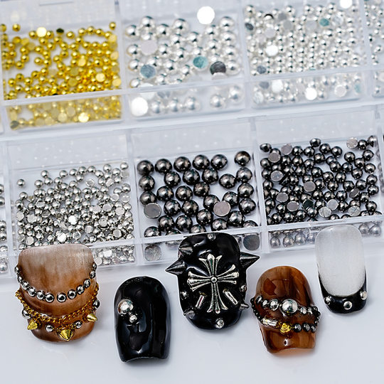 半圆钢珠金属铆钉12格日式美甲大小金银灰黑色复古合金实心饰品盒