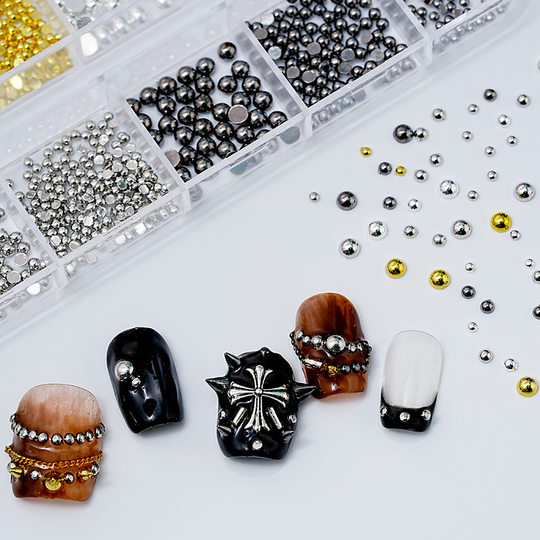 半圆钢珠金属铆钉12格日式美甲大小金银灰黑色复古合金实心饰品盒