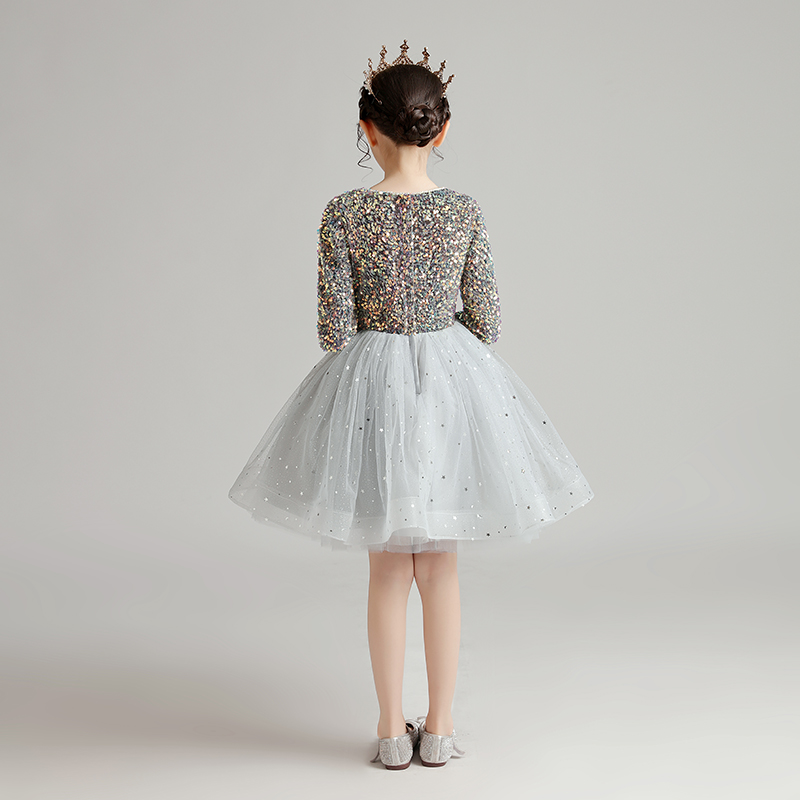 儿童礼服公主裙女童生日长袖小女孩花童婚纱主持人钢琴演出服秋冬 - 图2